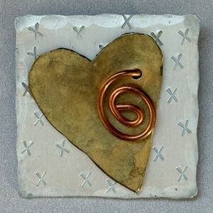 HANDMADE ARTISAN Brooch Heart Square Industrial Metal Silver Gold Copper